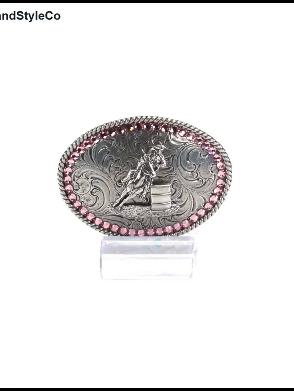 Girls Western Barrel Racer Belt Buckle with Pink Crystals